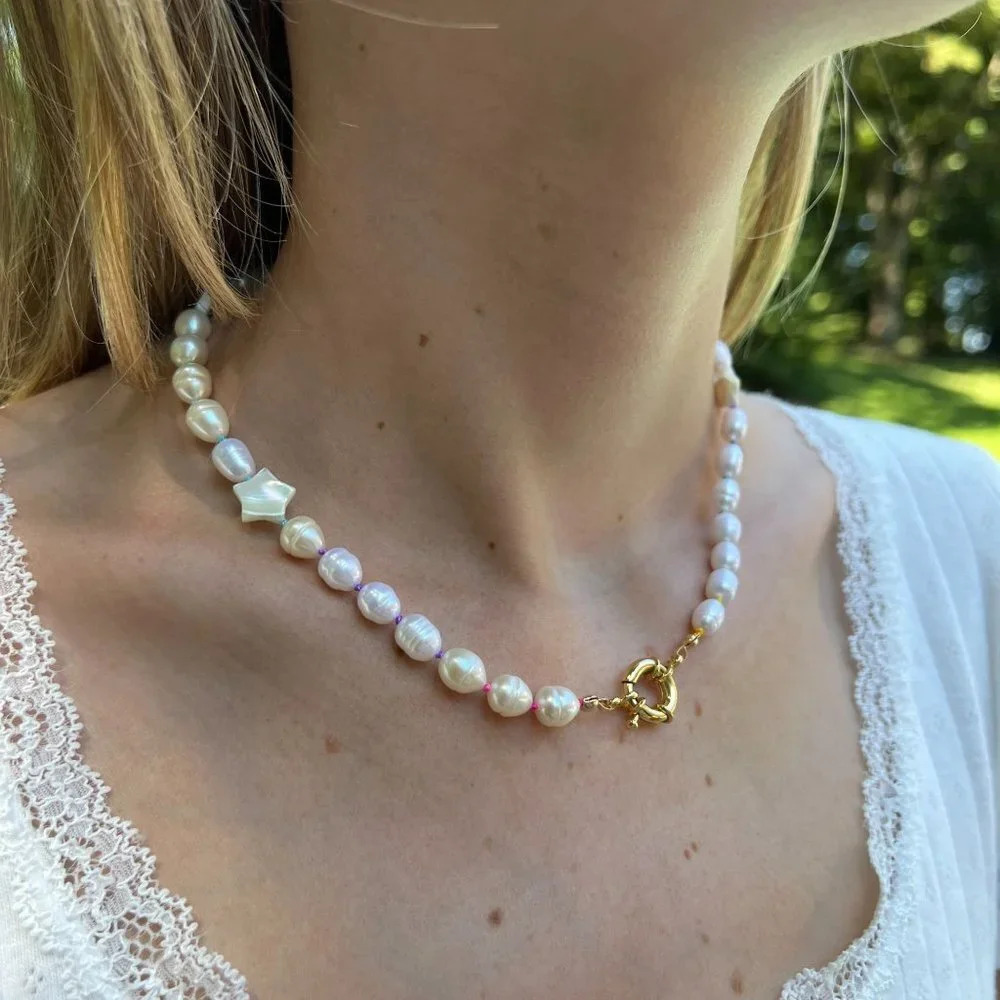 Baroque Freshwater Pearl Hand-knotted Necklace, Rainbow Silk, Gold Fille… - Picture 4 of 10